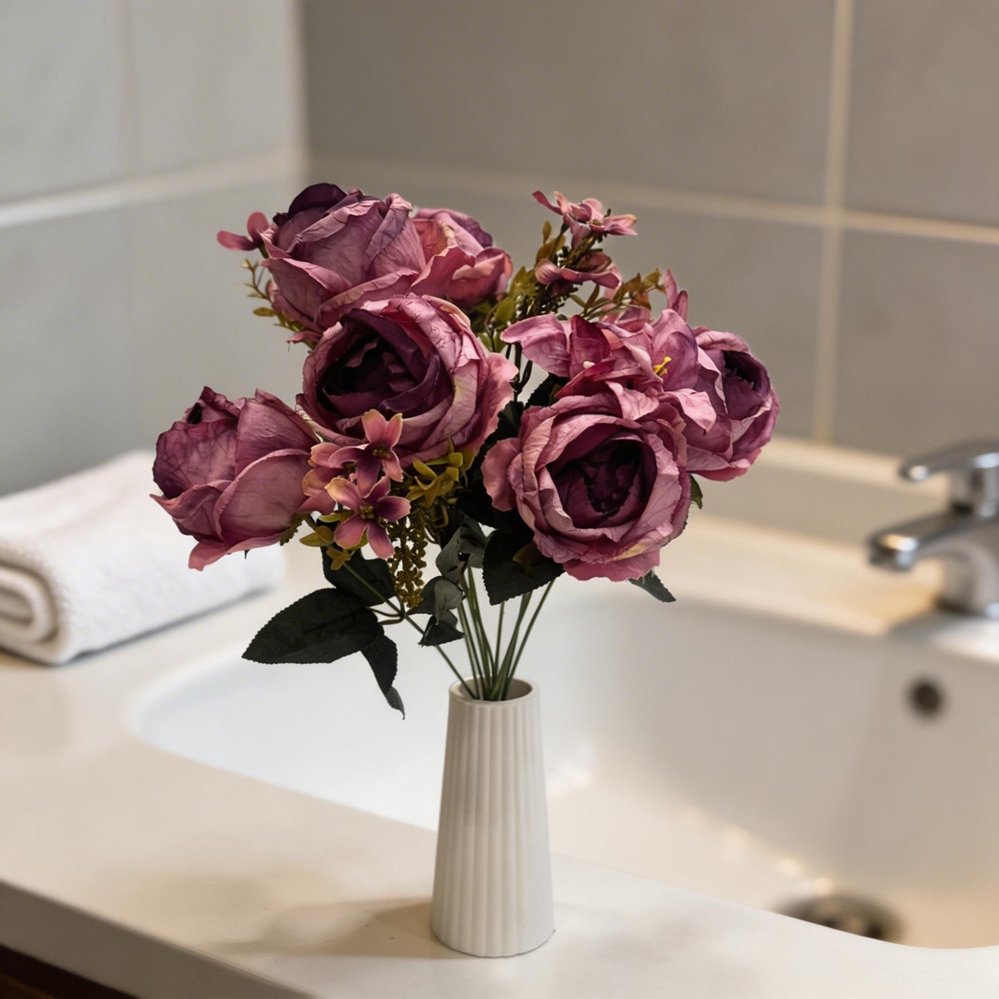 12'DALLI MOR TOMRUKLU GÜL DEMETİ YAPAY 1.Cİ KALİTE 50CM BOY