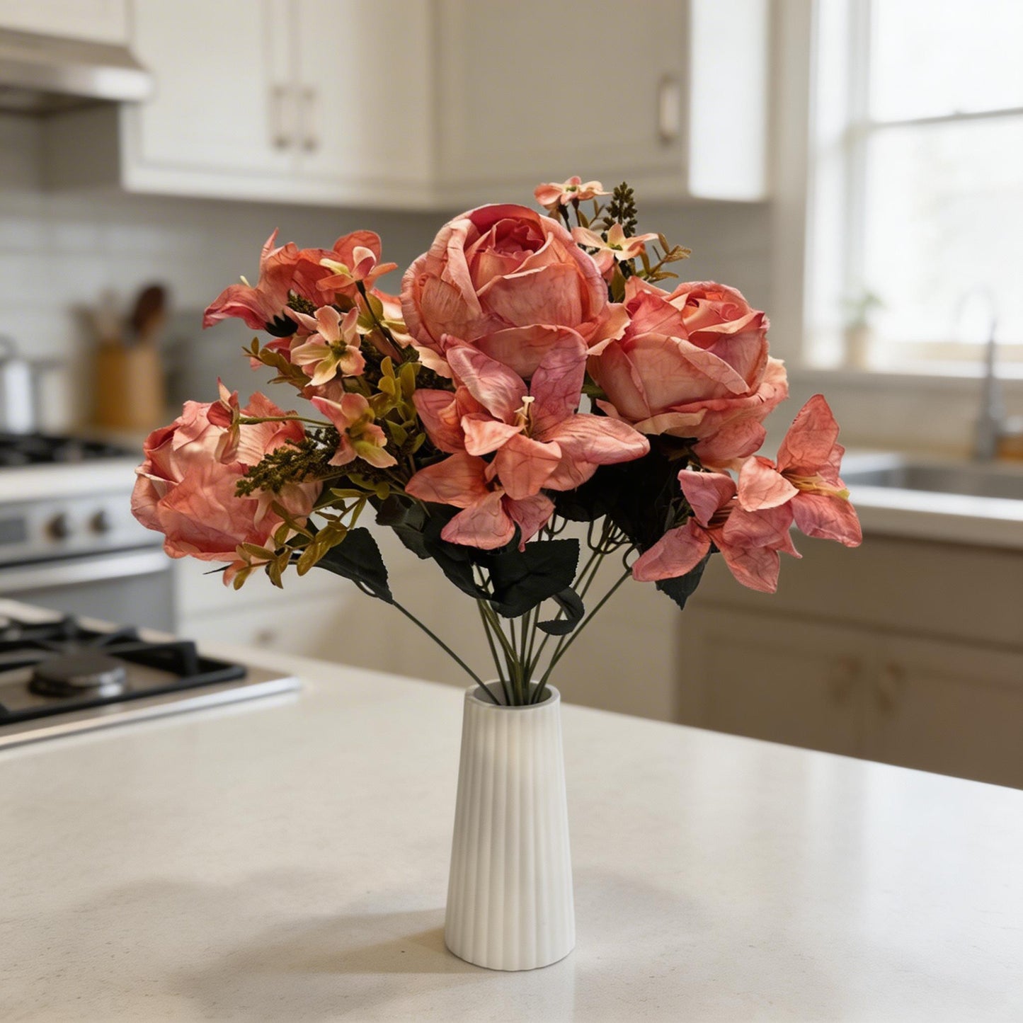 12'DALLI PEMBE TOMRUKLU GÜL DEMETİ YAPAY 1.Cİ KALİTE 50CM BOY