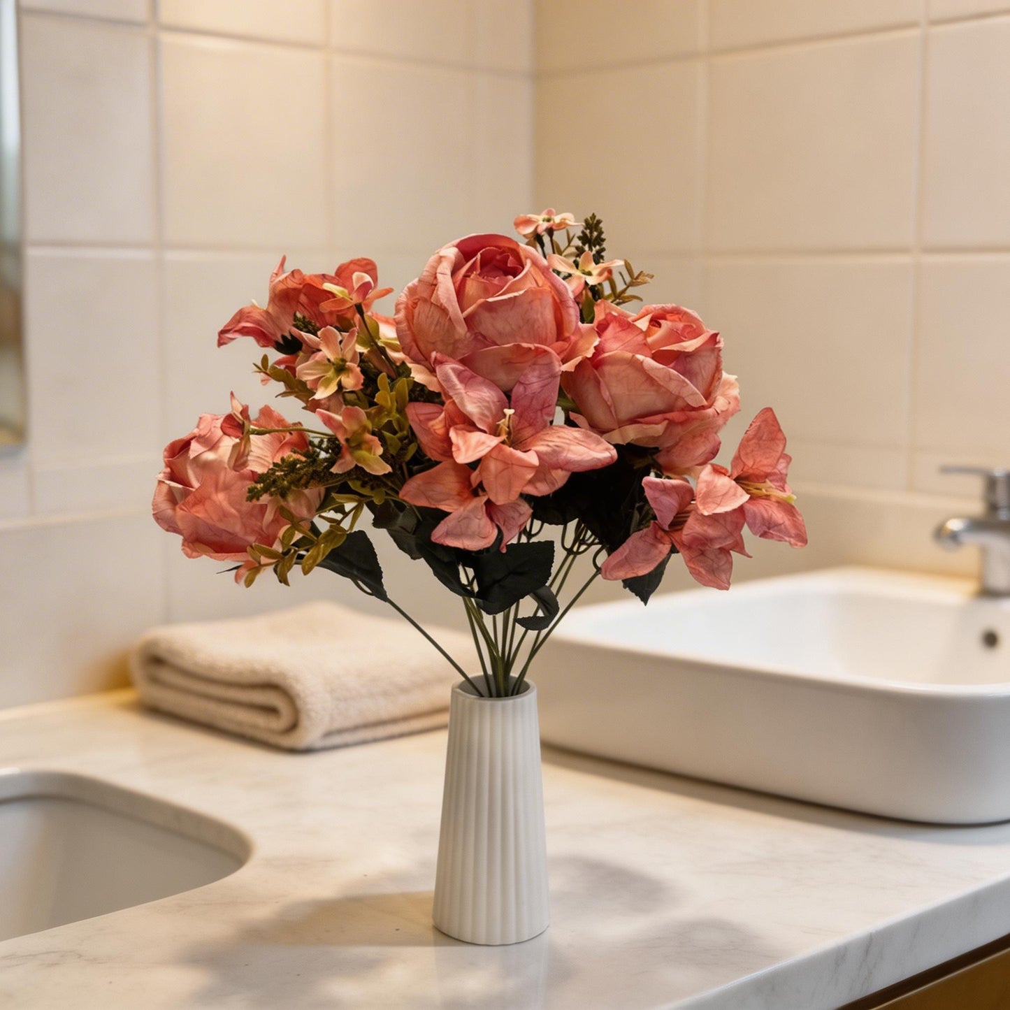 12'DALLI PEMBE TOMRUKLU GÜL DEMETİ YAPAY 1.Cİ KALİTE 50CM BOY