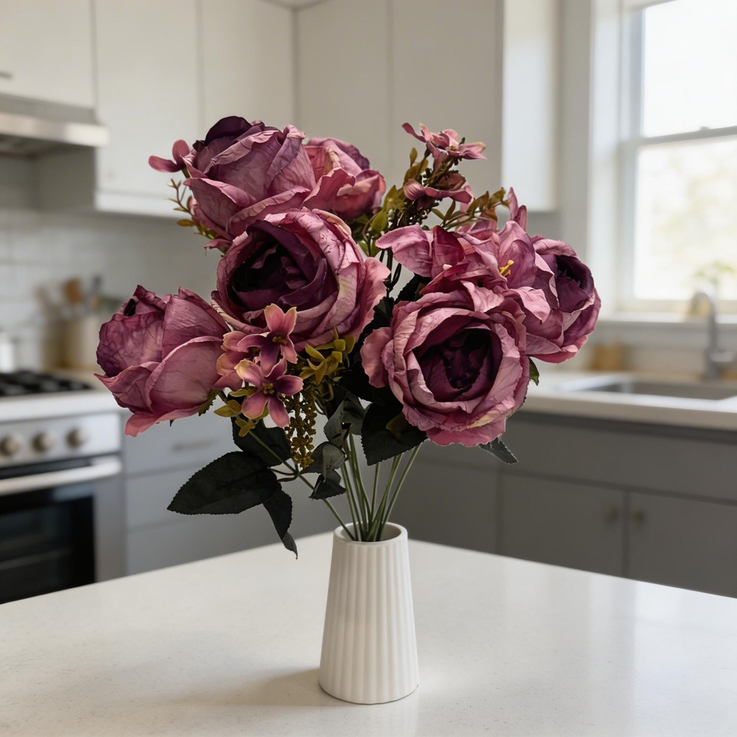 12'DALLI MOR TOMRUKLU GÜL DEMETİ YAPAY 1.Cİ KALİTE 50CM BOY